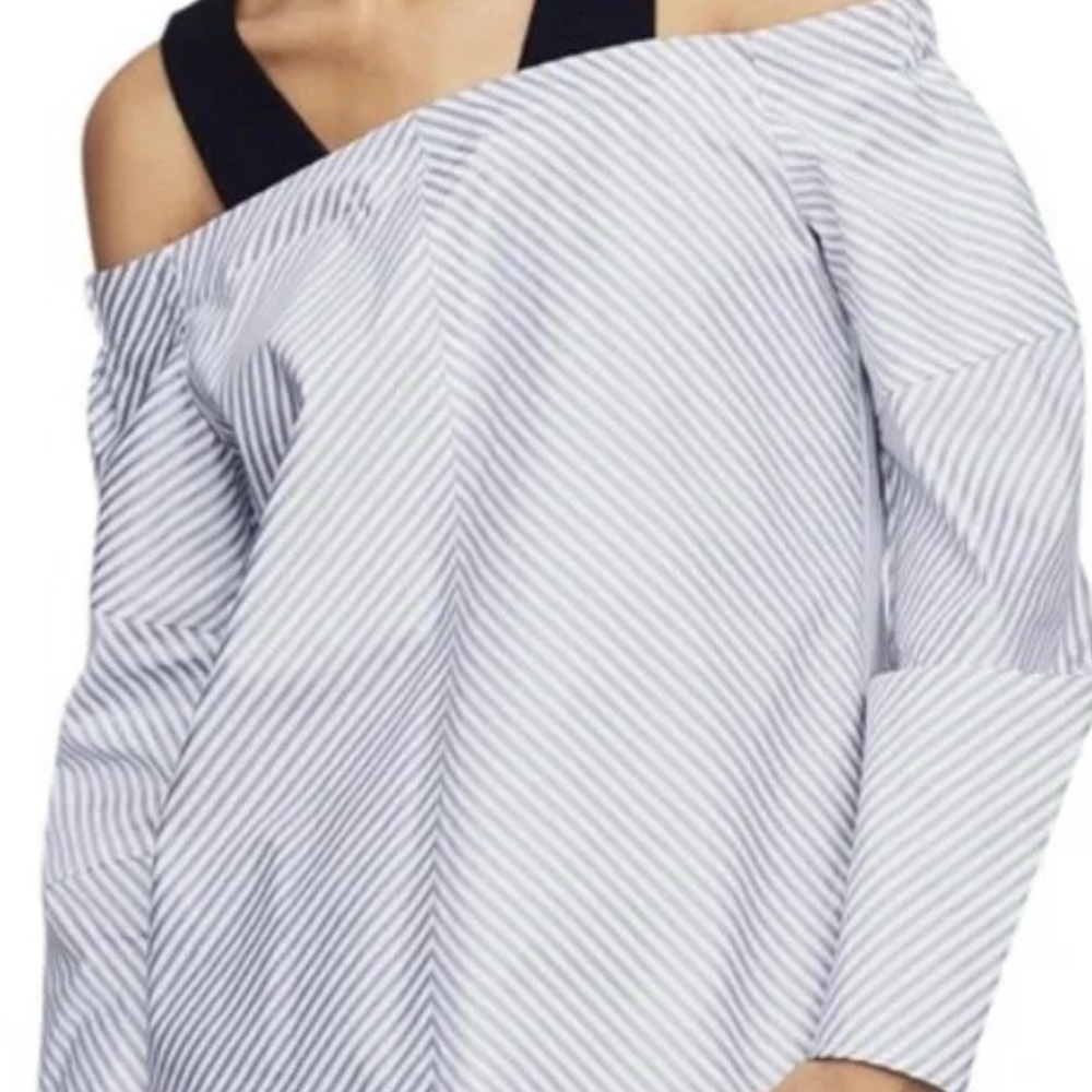 Maje Blue and White Striped Off-Shoulder Shirt